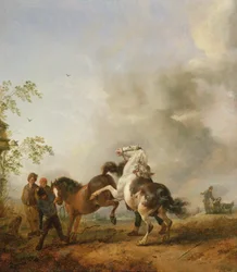 A Mare and a Stallion in Front of a House